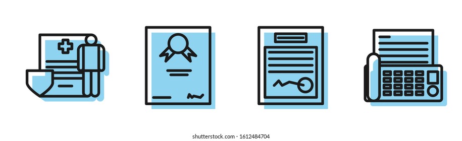 Set Line Filled Form, Medical Clipboard With Clinical Record, Certificate Template And Fax Machine Icon. Vector