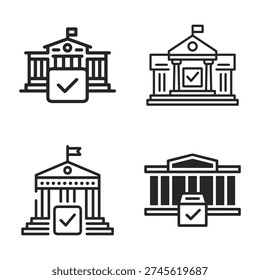 Set of Line and Filled Icons Representing Government Buildings with Voting or Approval Symbols