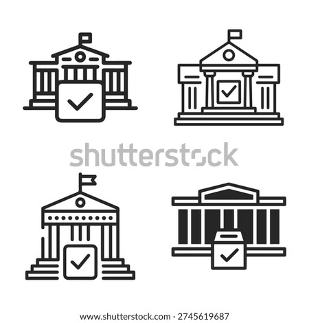 Set of Line and Filled Icons Representing Government Buildings with Voting or Approval Symbols