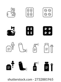 Conjunto de iconos médicos de línea e interfaz llena de métodos de tratamiento para enfermedades respiratorias.