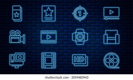 Set line Film reel, Cinema chair, Old film movie countdown frame, Play Video, camera, ticket, Movie spotlight and Hollywood walk of fame star icon. Vector