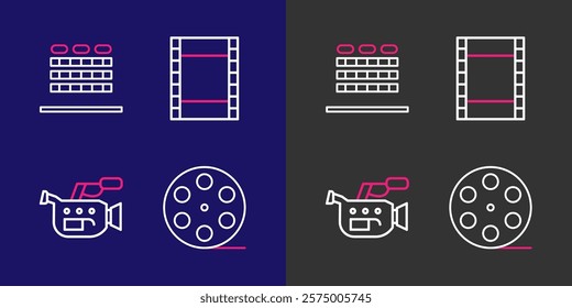 Set line Film reel, Cinema camera, Play Video and auditorium with seats icon. Vector