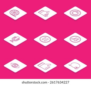 Set line Film reel, Hand like, Power button, Microphone, Pause, Music note, tone, Eye and  icon. Vector