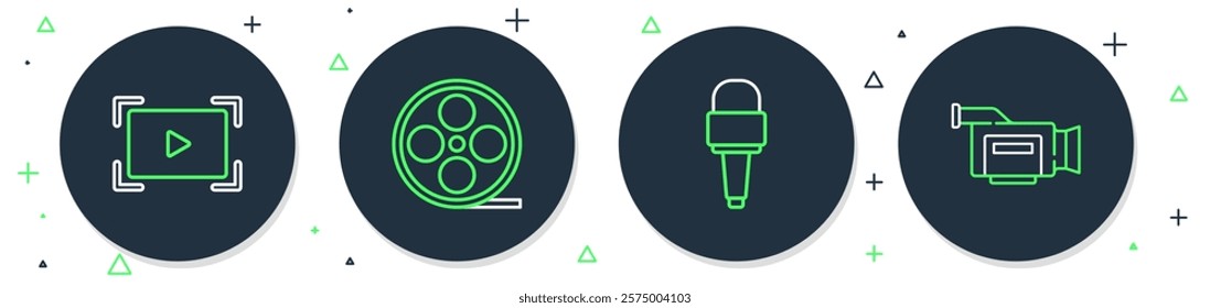 Set line Film reel, Microphone, Online play video and Cinema camera icon. Vector