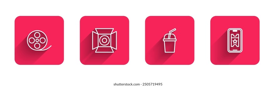 Set line Film reel, Movie spotlight, Paper glass with water and Buy cinema ticket online with long shadow. Red square button. Vector