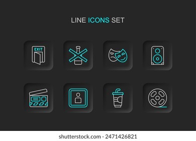 Set line Film reel, Paper glass with water, Play Video, Movie clapper, Stereo speaker, Comedy and tragedy masks, No alcohol and Fire exit icon. Vector