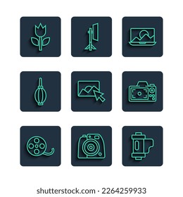 Set line Film reel, Photo camera, Camera film roll cartridge, retouching, Dust blower, mode macro and  icon. Vector