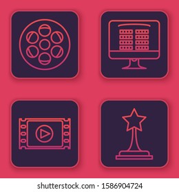 Set line Film reel , Play Video , Buy cinema ticket online  and Movie trophy . Blue square button. Vector
