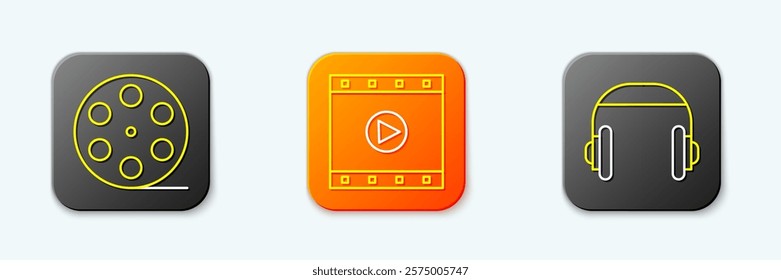 Set line Film reel, Play Video and Headphones icon. Vector