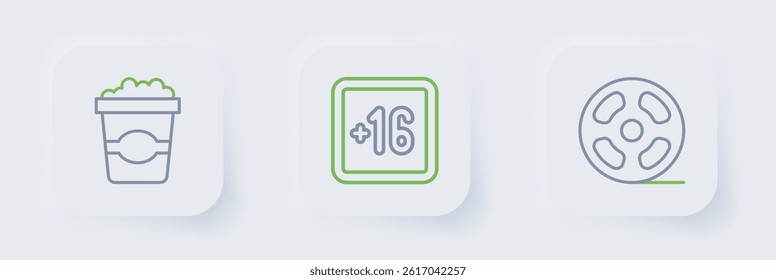 Set line Film reel, Plus 16 movie and Popcorn in cardboard box icon. Vector