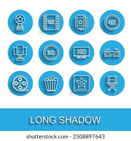 Set line Film reel, Popcorn in box, Movie trophy, Hollywood walk of fame star, Director movie chair, 3D word, cinema glasses and Smart display with HD video icon. Vector