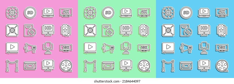 Set line Film reel, Screen tv with 16k, Cinema ticket, Online play video, CD or DVD disk, Movie spotlight,  and Monitor HD icon. Vector