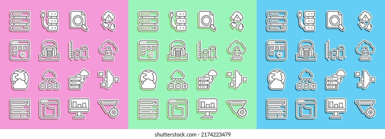 Set line Filter setting, Cloud computing lock, Search concept with folder, Hangar servers, Loading data window, Server, Data, Web Hosting and analysis icon. Vector