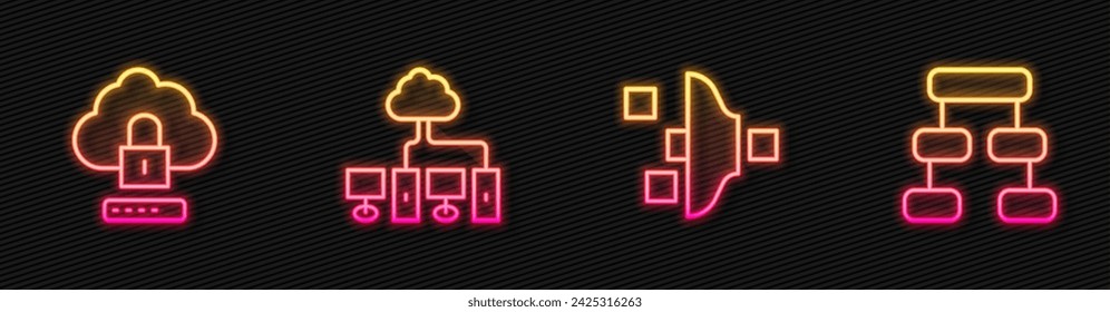 Set line Filter setting, Cloud computing lock, Computer network and Hierarchy organogram chart. Glowing neon icon. Vector