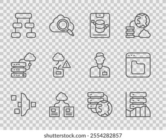 Set line Filter setting, Server, Data, Web Hosting, Cloud technology data transfer, Hierarchy organogram chart, Network cloud connection and Browser files icon. Vector