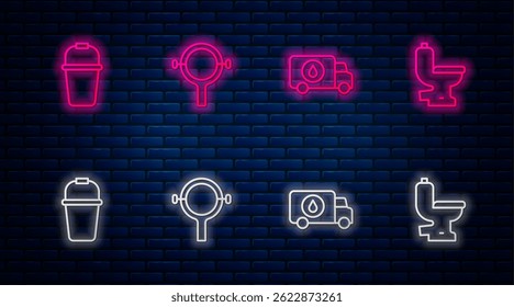 Set line Filter wrench, Plumber service car, Bucket and Toilet bowl. Glowing neon icon on brick wall. Vector