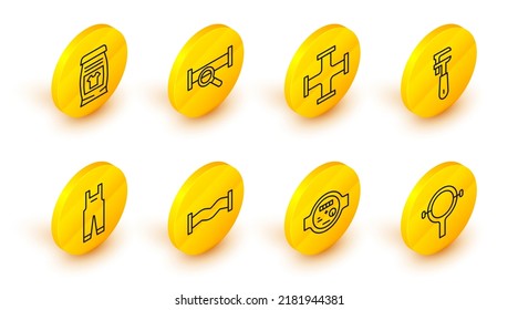 Set line Filter wrench, Water meter, Industry metallic pipe, Work overalls, Pipe adjustable,  and Laundry detergent icon. Vector