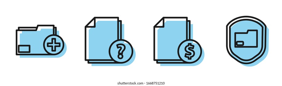 Set line Finance document, Add new folder, Unknown document and Document folder protection icon. Vector