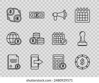 Set Line Finance Dokument, Münzgeld mit Dollar-Symbol, Megaphon, Smartphone, Handy, Geldwechsel, Taschenrechner und Stempel-Symbol. Vektorgrafik