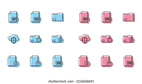 Set line Finance document, Delete file, EPS, PSD, Document folder with clock, Cloud and shield and DOC icon. Vector