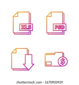 Set line Finance document folder, Document with download, XLS file document and PSD file document. Gradient color icons. Vector