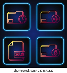 Set line Finance document folder, XLS file document, Document folder with clock and Add new folder. Gradient color icons. Vector