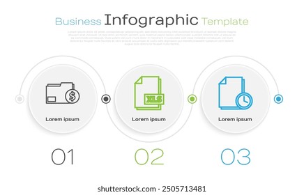 Set line Finance document folder, XLS file document and Document with clock. Business infographic template. Vector