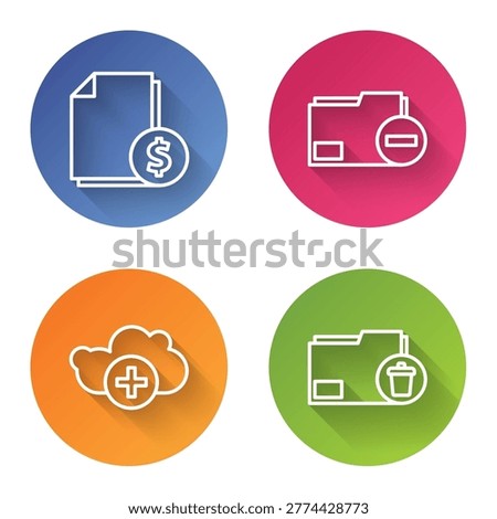 Set line Finance document, Document folder with minus, Add cloud and Delete folder. Color circle button. Vector