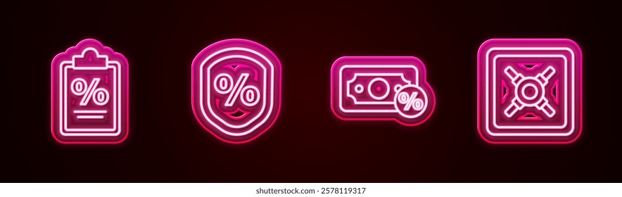 Set line Finance document, Loan percent, Money and Safe. Glowing neon icon. Vector