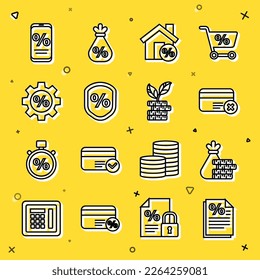Set line Finance document, Money bag and coin, Credit card remove, House with percant discount, Loan percent, Gear, Percent mobile and Dollar plant icon. Vector