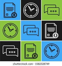 Set line Finance document, Speech bubble chat and Clock icon. Vector