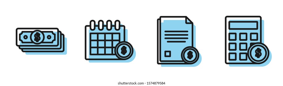 Set line Finance document, Stacks paper money cash, Financial calendar and Calculator with dollar symbol icon. Vector