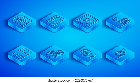 Set line Finance document, Stacks paper money cash, Safe, Money coin with percent, Cash location, bag and, Credit card chip and Financial growth dollar icon. Vector