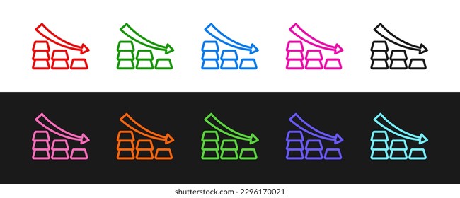 Fijar la línea Finanzas flecha de gráfico que cae con el icono de barras de oro aisladas en fondo blanco y negro. Concepto de éxito financiero. Concepto de inversión en oro.  Vector