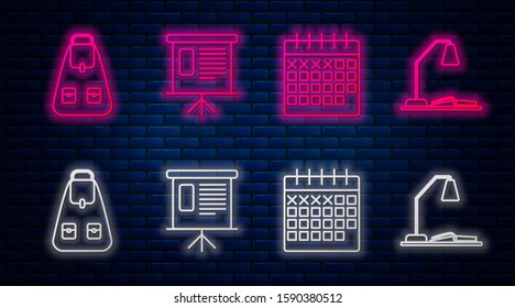 Set line financial board with graph, schedule, chart, diagram, infographic, pie graph, Calendar, School backpack and Workplace with table lamp and open book. Glowing neon icon on brick wall. Vector