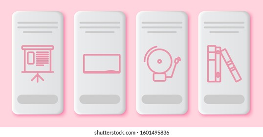Set line financial board with graph, schedule, chart, diagram, infographic, pie graph, Chalkboard, Ringing alarm bell and Office folders with papers and documents. White rectangle button. Vector