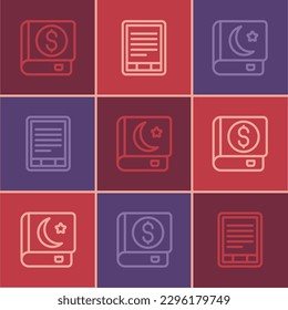 Set line Financial book, Holy of Koran and E-Book reader icon. Vector