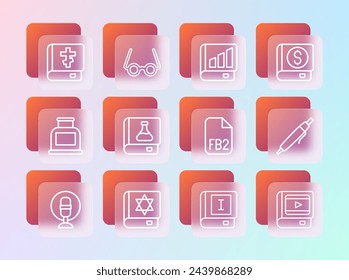 Set line Financial book, Jewish torah, FB2 File, Book, Chemistry, Holy bible and Glasses icon. Vector