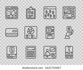 Set line Financial book, Mobile stock trading, Bitcoin browser, Calculator, Website with growth graph, Pie chart infographic, Trading courses and Hand holding icon. Vector