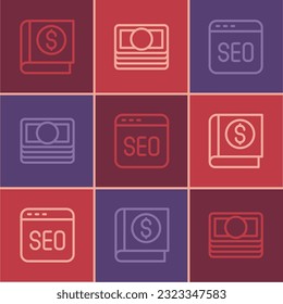 Set line Financial book, SEO optimization and Stacks paper money cash icon. Vector