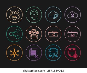 Set line Financial calendar, Folder download, Music streaming service, Car sharing, Share, Methane emissions reduction, folder and Head silhouette with cloud icon. Vector