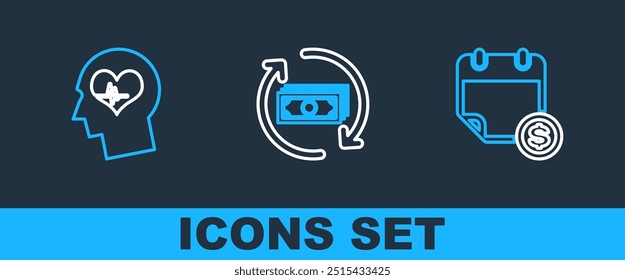 Set line Financial calendar, Head with heartbeat and Refund money icon. Vector