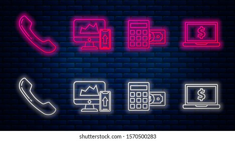 Set line Financial chart or graph on the computer monitor and mobile phone, Calculator with dollar symbol, Telephone handset and Laptop with dollar symbol. Glowing neon icon on brick wall. Vector