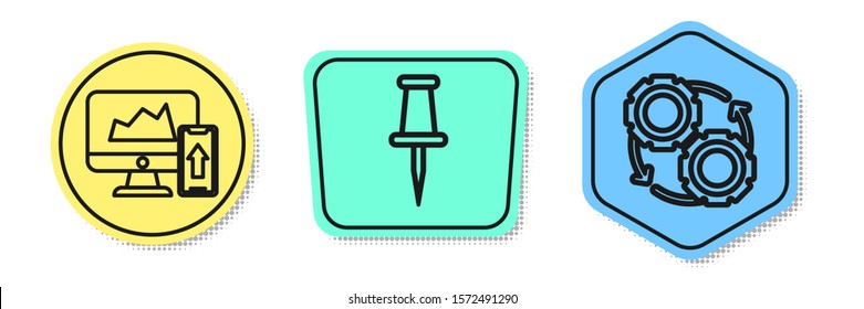 Set line Financial chart or graph on the computer monitor and mobile phone, Push pin and Gear and arrows as workflow process concept. Colored shapes. Vector