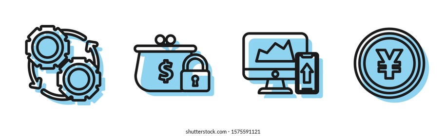 Set line Financial chart or graph on the computer monitor and mobile phone, Gear and arrows as workflow process concept, Closed wallet with lock and Coin money with Yen symbol icon. Vector
