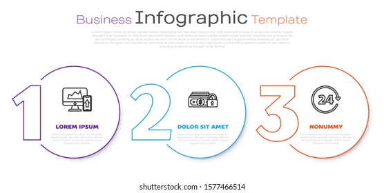 Set line Financial chart or graph on the computer monitor and mobile phone, Money with lock and Clock 24 hours. Business infographic template. Vector