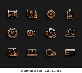 Set line Financial chart or graph on the computer monitor and mobile phone, diagram, infographic, pie, Wallet coins, Envelope, Coin money pound sterling, Users group and Clock 24 hours icon. Vector