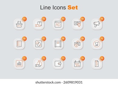 Set line Financial check, Discount percent tag, Wallet, Money bag, Pie chart infographic, Shopping cart, Stacks paper money cash and Paper shopping icon. Vector