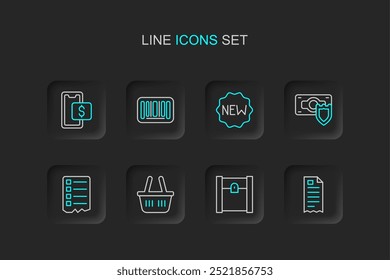 Set line cheque financiero, bolso de compras de papel, cesta de la compra, lista, dinero con escudo, etiqueta de Precio Nuevo, código de barras e ícono móvil. Vector