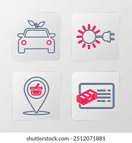 Set line Financial document, Location shopping basket, Sun with electric plug and Eco car concept drive icon. Vector